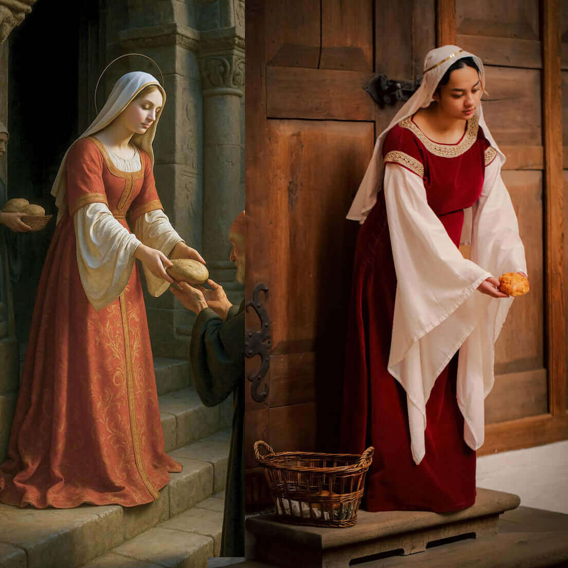 Comparison of historical painting and real-life reenactment of medieval scene