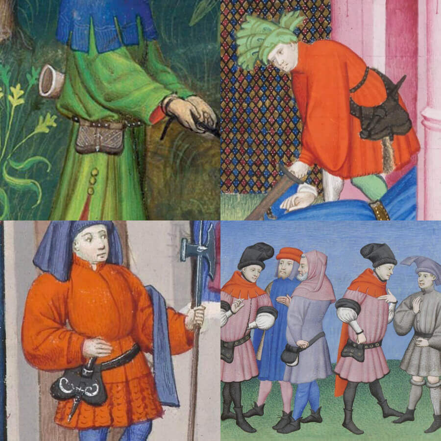Historical illustrations of people wearing kidney bags from medieval manuscripts.