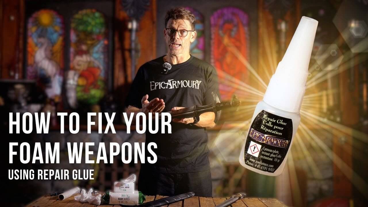 A man in a black graphic t-shirt holding a foam sword in a dimly lit room with stained-glass windows, with a large bottle of Epic Armoury repair glue floating on the right and bold text reading 'HOW TO FIX YOUR FOAM WEAPONS USING REPAIR GLUE'.