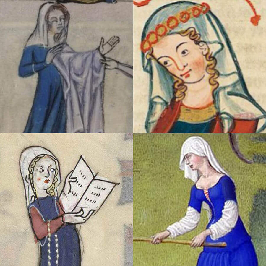 Historical illustrations of women wearing oval veils from medieval manuscripts