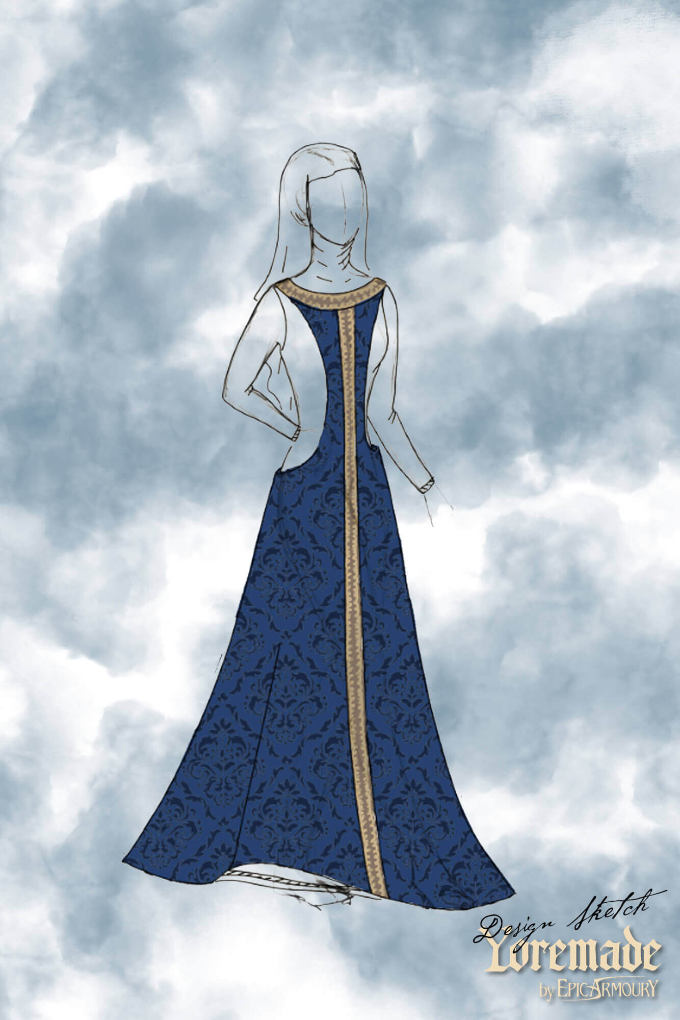 Pellote - Medieval Dress design sketch featuring sleeveless surcoat with deep side openings.