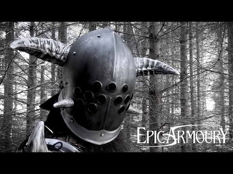 Mountable Demon Horns mounted on a warrior helmet in a forest, showcasing monstrous accessory for armor.