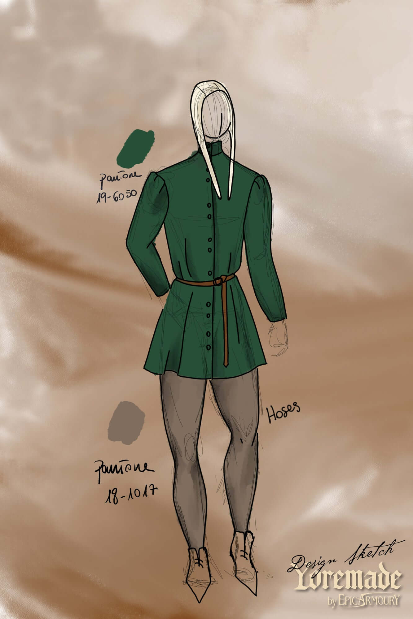 Surcoat Lorenzo design sketch featuring a green tunic with a belt and grey hose.