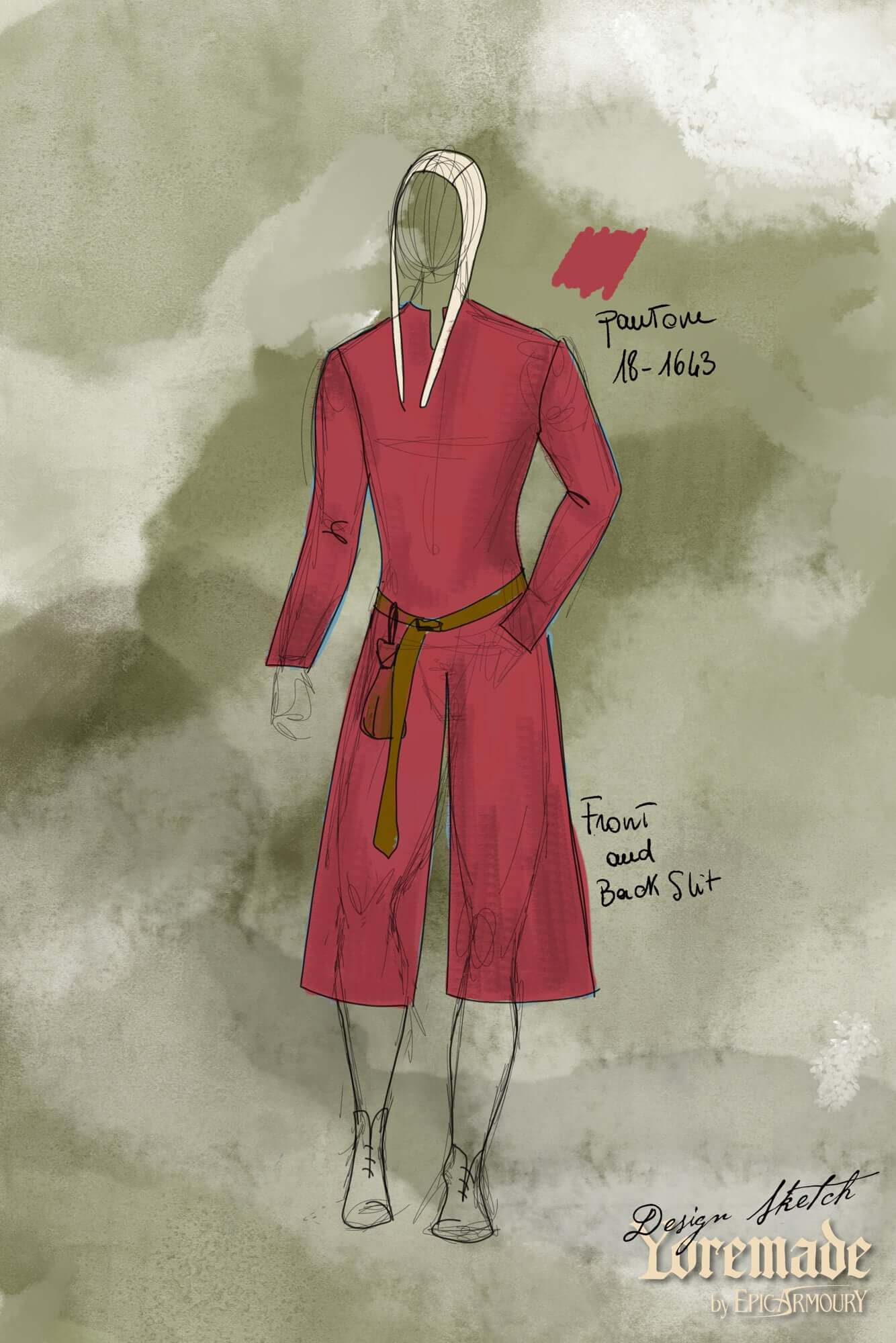 Medieval Riding Tunic design sketch featuring front and back slits for mobility in a red color.