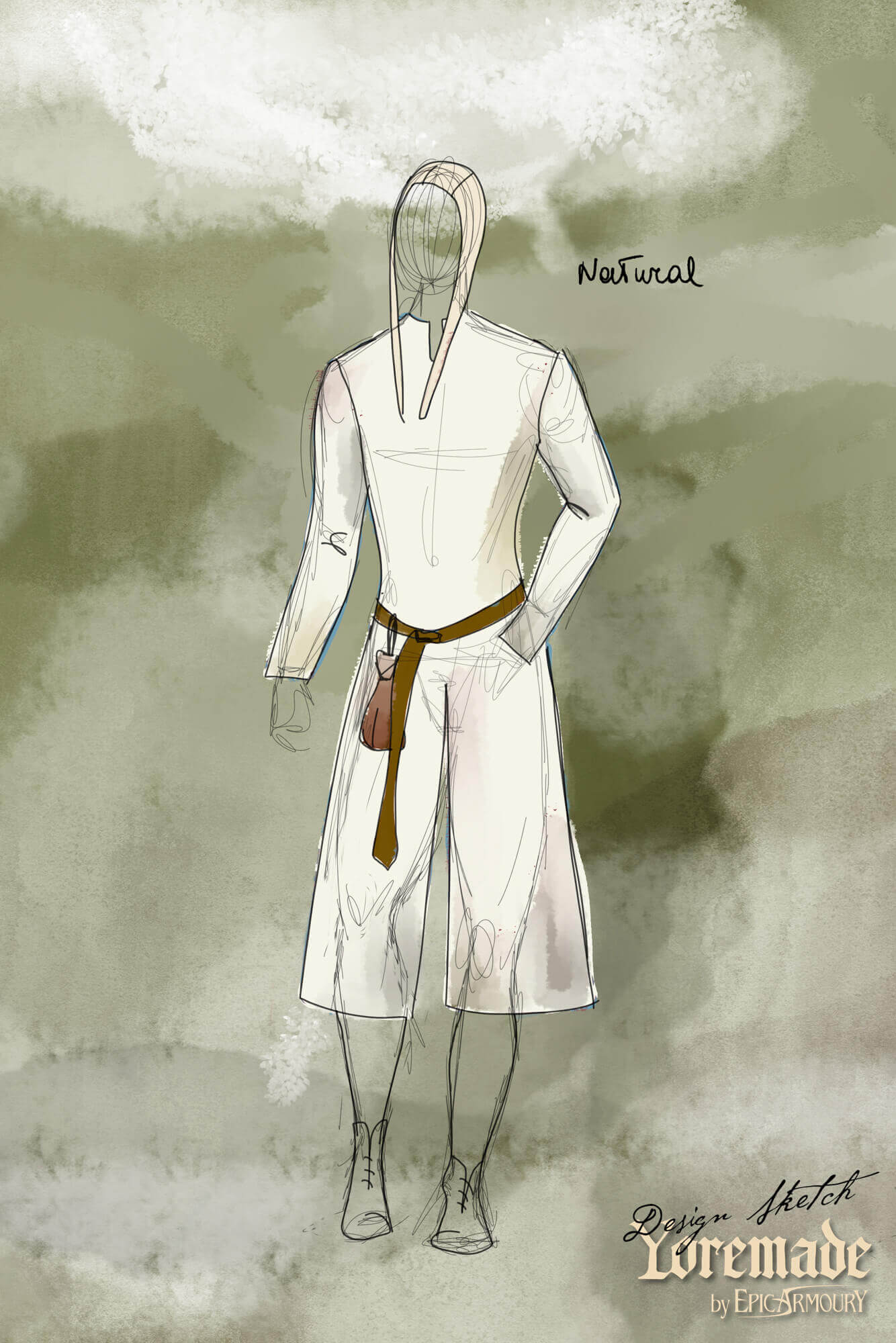 Medieval Riding Tunic design sketch showcasing a natural-colored tunic with a hood and belt.