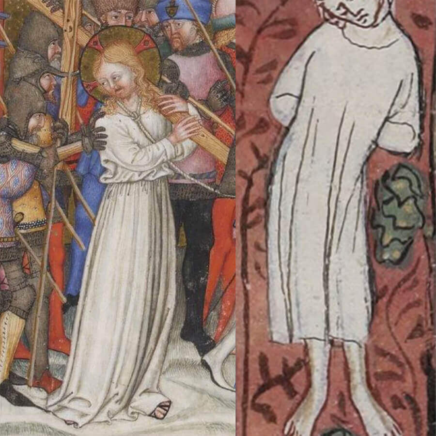 Historical artworks showing Modesto undertunic inspiration: a missale and a medieval manuscript.