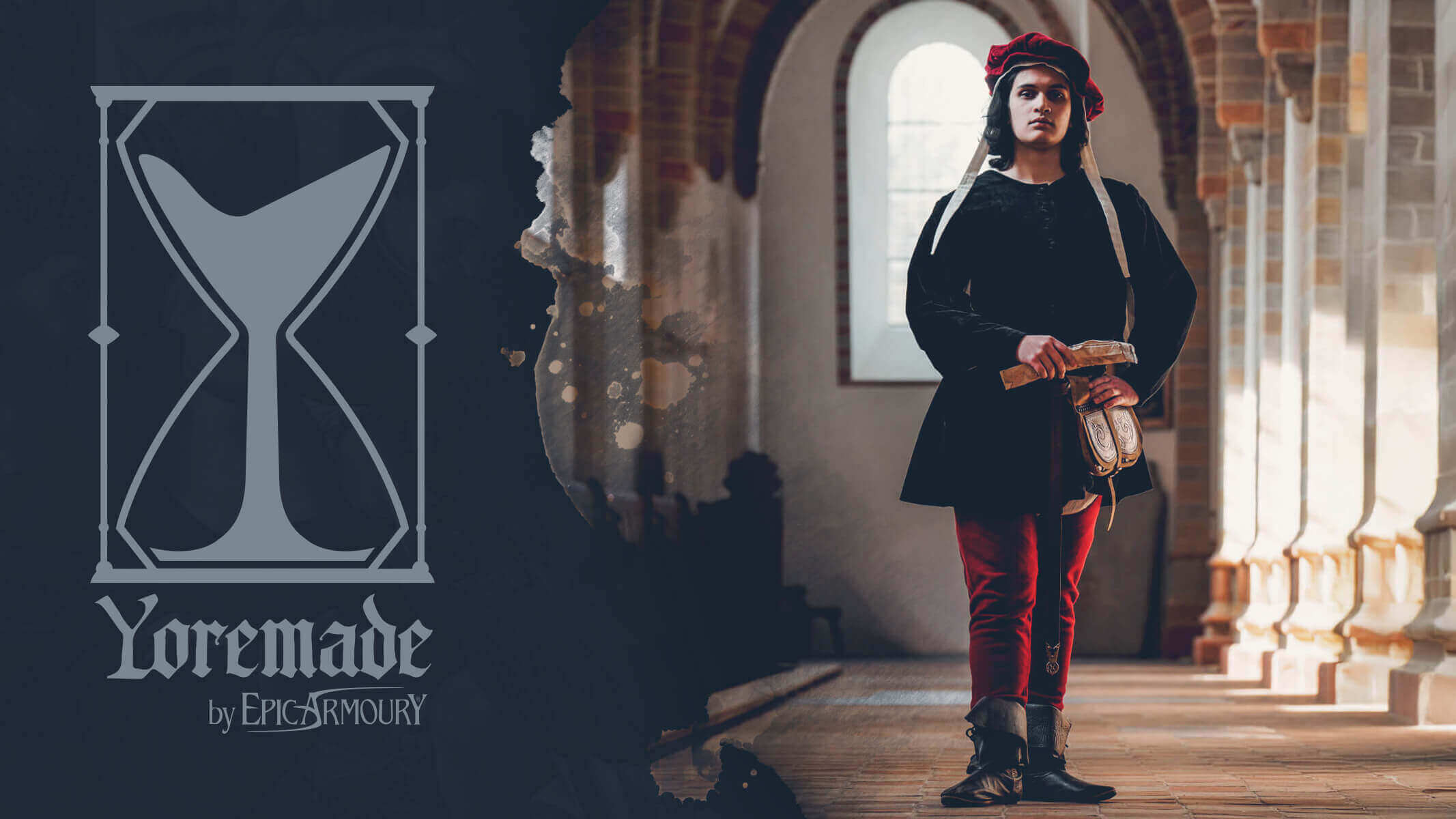 Person in medieval attire holding books in a cathedral setting with 'Yoremade by Epic Armoury' logo.