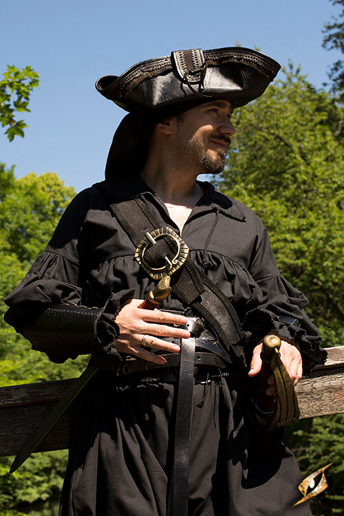 One Of A Kind Pirate Sea Sprite Steampunk Brown selling Wide Brimmed Captain Hat With Gold Braid Blue And White Stripe Ribbon And Buckle Detail