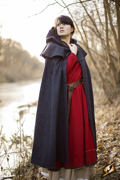 Full-round Woolen Medieval Hooded Cloak. Available in: black wool